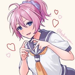 Rule 34 | 1girl, aoba (kancolle), blue eyes, blue scrunchie, hair ornament, hair scrunchie, heart, heart hands, hydromoon, kantai collection, looking at viewer, messy hair, neckerchief, one-hour drawing challenge, ponytail, purple hair, purple sailor collar, sailor collar, sailor shirt, scrunchie, shirt, smile, solo, twitter username, upper body, white shirt, yellow neckerchief
