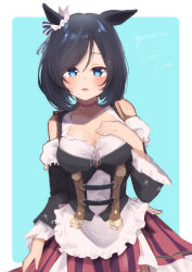Rule 34 | 1girl, absurdres, animal ears, bare shoulders, black hair, black thighhighs, blue background, blue eyes, border, breasts, chestnut mouth, cleavage, clothes lift, commentary request, cowboy shot, detached sleeves, dirndl, dress, ear ornament, eishin flash (umamusume), frilled dress, frills, german clothes, gorioshi0802, hair between eyes, hand on own chest, highres, horse ears, horse girl, horse tail, large breasts, long sleeves, looking at viewer, open mouth, outside border, short hair, simple background, solo, tail, thighhighs, thighs, umamusume, white border, zettai ryouiki