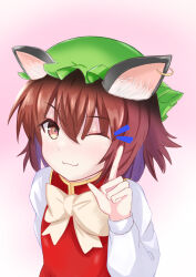 Rule 34 | 1girl, ;), animal ear fluff, animal ear piercing, animal ears, bow, bowtie, brown eyes, brown hair, cat ears, chen, commentary request, earrings, flat chest, frills, gold trim, gradient background, green hat, hair between eyes, hand up, hat, highres, index finger raised, jewelry, komori hiki16, long sleeves, mob cap, notice lines, one eye closed, pink background, puffy long sleeves, puffy sleeves, red vest, short hair, simple background, single earring, smile, solo, touhou, upper body, vest, white bow, white bowtie