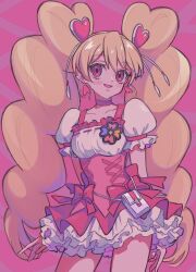 Rule 34 | 1girl, :d, blonde hair, blush, bow, brooch, choker, commentary request, cure peach, dress, earrings, fresh precure!, frilled dress, frills, hair ornament, heart, heart earrings, heart hair ornament, highres, jewelry, long hair, magical girl, momozono love, open mouth, pink background, pink bow, pink choker, pink eyes, precure, puffy short sleeves, puffy sleeves, pururu ru6, short sleeves, skirt, smile, solo, twintails