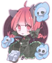Rule 34 | 1girl, :3, absurdres, ahoge, animal ears, blush, cat ears, cat tail, chibi, dress, fang, full body, green dress, hall jion, highres, hitodama, juliet sleeves, kaenbyou rin, long sleeves, puffy sleeves, red eyes, red hair, simple background, skull, solo, tail, touhou, wheelbarrow, white background