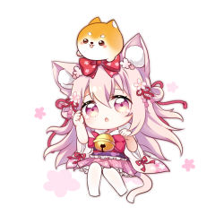 Rule 34 | 1girl, animal ears, arm up, azur lane, bell, blush, bow, cat ears, cat girl, cat tail, chestnut mouth, chibi, commentary request, floral print, flot, flower, hair between eyes, hair flower, hair ornament, hand up, head tilt, japanese clothes, jingle bell, kimono, kisaragi (azur lane), kisaragi (new year&#039;s wish) (azur lane), long hair, long sleeves, pantyhose, parted lips, pink eyes, pink hair, pink skirt, pleated skirt, print bow, print kimono, red bow, simple background, skirt, solo, tail, very long hair, white background, white kimono, white pantyhose, wide sleeves
