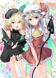 Rule 34 | 2girls, absurdres, ascot, belt, beret, black jacket, black shorts, blonde hair, commentary, commission, cosplay, costume switch, crop top, crystal, fairy wings, flandre scarlet, flandre scarlet (cosplay), frilled skirt, frills, green ribbon, grey hair, hat, hat ribbon, highres, holding, holding knife, holding weapon, jacket, knife, laevatein (touhou), medium hair, mob cap, multiple girls, navel, nijisanji, nijisanji en, official alternate costume, official alternate hair color, open mouth, pointy ears, pomu rainpuff, pomu rainpuff (3rd costume), pomu rainpuff (cosplay), puffy short sleeves, puffy sleeves, red eyes, red skirt, red vest, ribbon, second-party source, short sleeves, shorts, side ponytail, skeb commission, skirt, skirt set, smile, thigh strap, touhou, vest, virtual youtuber, weapon, wings, y2, yellow ascot