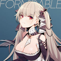 Rule 34 | 1girl, absurdres, azur lane, blue background, blush, breasts, character name, cleavage, collar, colored pencil (medium), dress, earrings, formidable (azur lane), frills, hair ribbon, highres, jewelry, large breasts, light smile, long hair, marker (medium), millipen (medium), neckwear between breasts, platinum blonde hair, rabe26k, red eyes, ribbon, solo, traditional media, twintails, two-tone dress, two-tone ribbon, very long hair