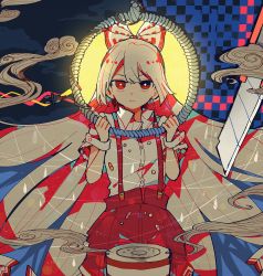Rule 34 | 1girl, backlighting, blade, blunt bangs, bow, bright pupils, cable, checkered background, closed mouth, collared shirt, cowboy shot, electric plug, floating hair, fujiwara no mokou, hair bow, hands up, high-waist pants, highres, holding, holding rope, itomugi-kun, long hair, looking at viewer, pants, polka dot, puffy pants, red eyes, red pants, rope, serious, shirt, shirt tucked in, short sleeves, solo, suspenders, torn clothes, torn sleeves, touhou, very long hair, vignetting, w arms, white bow, white hair, white pupils, white shirt, wing collar, wrist cuffs