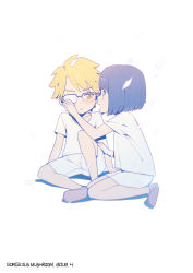 Rule 34 | 10s, 1boy, 1girl, absurdres, blonde hair, blue hair, brown footwear, darling in the franxx, dated, glasses, gorgeous mushroom, gorou (darling in the franxx), hair ornament, highres, ichigo (darling in the franxx), opaque glasses, parted lips, shirt, shoes, short hair, shorts, simple background, sitting, white background, white shirt, white shorts, wiping, yellow eyes