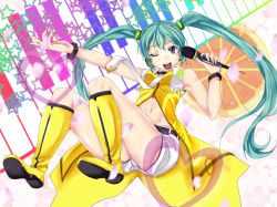 Rule 34 | 1girl, alternate costume, belt, boots, bracelet, floral background, food, fruit, hatsune miku, heart, jewelry, keyboard, long hair, microphone, midriff, navel, oimari, one eye closed, open mouth, petals, piano keys, project diva (series), project diva 2nd, shorts, sleeveless, solo, star (symbol), twintails, very long hair, vocaloid, yellow (vocaloid)