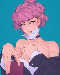 Rule 34 | 1girl, bare shoulders, black choker, blue background, choker, collarbone, elliemaplefox, highres, long sleeves, looking at viewer, mask, mask pull, mouth mask, nail polish, open mouth, original, parted lips, pink hair, pink nails, short hair, simple background, solo, white mask