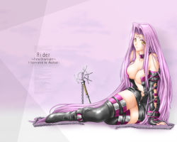 Rule 34 | 1girl, akatsuki akane, arm support, artist name, bare shoulders, boots, breasts, chain, cleavage, collar, detached sleeves, elbow gloves, fate/stay night, fate (series), female focus, gloves, gradient background, large breasts, long hair, medusa (fate), medusa (rider) (fate), nameless dagger (fate), purple hair, solo, square pupils, tattoo, thigh boots, thighhighs, thighs, very long hair, yellow eyes
