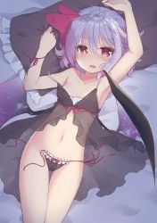 Rule 34 | 1girl, armpits, arms up, babydoll, bare shoulders, bat wings, bed sheet, beni kurage, black panties, blush, breasts, collarbone, commentary request, dutch angle, expressionless, fang, groin, hair between eyes, hair ribbon, heart, heart-shaped pupils, highres, light purple hair, looking at viewer, lowleg, lowleg panties, lying, navel, no headwear, on back, open mouth, panties, pillow, red eyes, red ribbon, remilia scarlet, ribbon, short hair, side-tie panties, small breasts, solo, stomach day, strap slip, symbol-shaped pupils, thigh gap, touhou, underwear, untied panties, wavy hair, wings