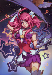 Rule 34 | 1girl, alternate costume, bad id, bad pixiv id, gloves, gradient background, hair ornament, jurikoi, league of legends, lux (league of legends), magical girl, pink hair, purple eyes, skirt, solo, star (symbol), star guardian (league of legends), star guardian lux, tiara, wand, white gloves
