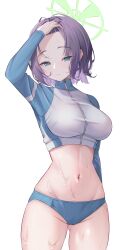 Rule 34 | 1girl, absurdres, adjusting hair, blue archive, blush, breasts, forehead, gluteal fold, groin, halo, hand on own head, highres, large breasts, linea alba, looking at viewer, navel, official alternate costume, purple eyes, raglan sleeves, rash guard, sahemi, saki (blue archive), saki (swimsuit) (blue archive), simple background, solo, white background