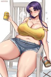 Rule 34 | 1girl, alternate body size, artist name, blush, breasts, brown eyes, cleavage, closed mouth, collarbone, feet out of frame, highres, huge breasts, katsuragi misato, long hair, navel, neon genesis evangelion, noiretox, plump, puff of air, purple hair, solo, split mouth, thick thighs, thighs, white background