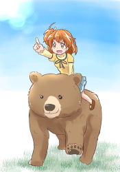 Rule 34 | &gt;:d, 00s, 1girl, :d, animal, bear, cloud, day, fresh precure!, gradient background, grass, hair ornament, hair ribbon, matching hair/eyes, md5 mismatch, non-web source, open mouth, orange eyes, orange hair, out (outsider), pointing, ponytail, precure, ribbon, riding, shirt, short hair, side ponytail, sketch, skirt, sky, smile, solo, v-shaped eyebrows, yamabuki inori