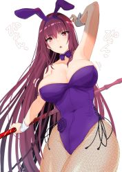 Rule 34 | 1girl, animal ears, arm up, armpits, bare shoulders, blush, bow, bowtie, breasts, cleavage, covered navel, detached collar, fake animal ears, fate/grand order, fate (series), female focus, fishnet pantyhose, fishnets, gae bolg (fate), hair between eyes, highleg, highleg leotard, highres, large breasts, leotard, long hair, looking at viewer, murio, official alternate costume, open mouth, pantyhose, playboy bunny, polearm, purple hair, purple leotard, rabbit ears, red eyes, scathach (fate), scathach (piercing bunny) (fate), solo, spear, thighs, translation request, weapon, wrist cuffs