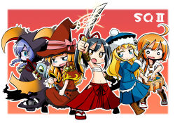 Rule 34 | 5girls, :d, :o, ahoge, arm up, bag, bags under eyes, bare shoulders, black cloak, black hair, black sailor collar, blonde hair, blue eyes, blue hair, blue hat, blue jacket, blue skirt, blush, boots, bow, braid, brown dress, brown eyes, brown footwear, brown gloves, brown hat, bushidou (sekaiju), bushidou 2 (sekaiju), cloak, collarbone, colored eyelashes, commentary request, copyright name, curse maker, curse maker 2, doctor magus 4, dress, etrian odyssey, fang, fur-trimmed headwear, fur-trimmed sleeves, fur trim, glint, gloves, gun, gunner 2 (sekaiju), hakama, hat, hat bow, hip vent, holding, holding gun, holding sword, holding weapon, hood, hood up, hooded cloak, jack frost (megami tensei), jacket, japanese clothes, katana, knee boots, long hair, long sleeves, low twintails, medic (sekaiju), medic 2 (sekaiju), multiple girls, naga u, navel, open mouth, orange hair, parted lips, pink bow, pleated skirt, red footwear, red hakama, sailor collar, sandals, sarashi, sekaiju no meikyuu, sekaiju no meikyuu 2, shaded face, short eyebrows, skirt, smile, socks, sword, tabi, twin braids, twintails, v-shaped eyebrows, very long hair, wavy mouth, weapon, white jacket, white socks, witch hat, zouri