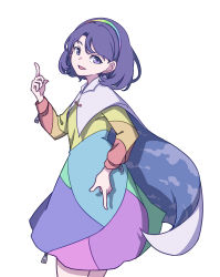 Rule 34 | 1girl, absurdres, blue eyes, blue hair, cape, dress, hairband, highres, kame (kamepan44231), multicolored clothes, multicolored dress, multicolored hairband, one-hour drawing challenge, patchwork clothes, pointing, pointing up, rainbow gradient, red button, sky print, solo, tenkyuu chimata, touhou, two-sided cape, two-sided fabric, unconnected marketeers, white cape