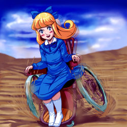 Rule 34 | 1970s (style), 1girl, afterimage, alps no shoujo heidi, bad id, bad pixiv id, blonde hair, blue dress, blush, bow, cloud, day, dress, facing viewer, feet, flat chest, full body, hair bow, klara sesemann, kouno (masao), looking at viewer, mud, nippon animation, no shoes, oldschool, outdoors, retro artstyle, sitting, sky, socks, solo, wheelchair, white socks, world masterpiece theater