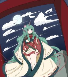 Rule 34 | 1girl, absurdres, adapted costume, closed mouth, cloud, cloud print, curly hair, feet out of frame, flower, full moon, green eyes, green hair, hair flower, hair ornament, heart, highres, horns, japanese clothes, kimono, komainu, komano aunn, long hair, long sleeves, looking to the side, moon, night, night sky, outdoors, pink flower, red kimono, ribbon-trimmed sleeves, ribbon trim, shorts, single horn, sky, solo, standing, tatutaniyuuto, torii, touhou, very long hair, white shorts, wide sleeves