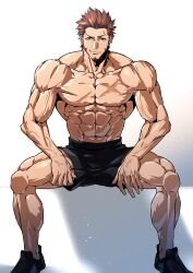 Rule 34 | 1boy, abs, bara, black shorts, blue eyes, brown hair, bulge, cross scar, facial hair, fate/grand order, fate (series), goatee, highres, houjoh (7th-heaven), invisible chair, long sideburns, looking at viewer, male focus, mature male, muscular, muscular male, napoleon bonaparte (fate), navel, nipples, pectorals, scar, scar on chest, shoes, short hair, shorts, shredded muscles, sideburns, sitting, smirk, smug, solo, stomach, topless male, veins, veiny arms