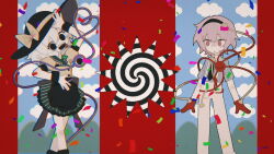 2girls :d adapted_costume apron arm_up black_apron black_eyes black_footwear black_hairband black_hat black_necktie black_wrist_cuffs blue_shirt bow cloud confetti crazy feet_out_of_frame gloves green_skirt hairband hat heart heart_of_string komeiji_koishi komeiji_satori long_hair looking_at_another looking_at_viewer mesmerizer_(vocaloid) multiple_girls necktie open_mouth pants pink_eyes pink_hair puffy_short_sleeves puffy_sleeves rcs_4 red_gloves sharp_teeth shirt short_hair short_sleeves siblings sisters skirt smile spiral sweatdrop teeth third_eye tongue tongue_out touhou vocaloid waist_apron white_hair white_pants worried wrist_cuffs yellow_bow yellow_shirt