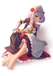 Rule 34 | 1girl, apron, armor, ascot, bare legs, barefoot, braid, breasts, cleavage, closed mouth, commentary, flower, genshin impact, green eyes, grey hair, hair ornament, high collar, highres, looking at viewer, maid, maid apron, maid headdress, medium breasts, noelle (genshin impact), red ascot, red flower, red rose, rose, short hair, shoulder armor, skirt hold, solo, wujingwushi