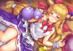 Rule 34 | 1girl, :p, bare shoulders, belt, blonde hair, blush, bow, bowtie, chain, closed mouth, commentary request, cup, dress, gourd, hair ribbon, highres, holding, horn ornament, horns, ibuki suika, long hair, looking at viewer, low-tied long hair, lying, nose blush, on back, red bow, red bowtie, red ribbon, ribbon, sakazuki, sleeveless, sleeveless dress, solo, tongue, tongue out, touhou, very long hair, wrist cuffs, yellow eyes, yuki usagi (snowcanvas)