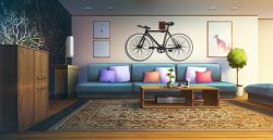 Rule 34 | bicycle, book, book stack, cabinet, couch, cup, cushion, day, highres, indoors, lamp, no humans, original, painting (object), plant, potted plant, rkmlady, rug, scenery, table