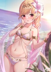 Rule 34 | 1girl, arm support, armlet, bare shoulders, beach, bikini, blonde hair, blurry, blush, bracelet, braid, breasts, collarbone, commentary, cowboy shot, depth of field, dot nose, dutch angle, earrings, elf, flower, gold trim, gradient hair, hair flower, hair intakes, hair ornament, hairband, halterneck, hand on own cheek, hand on own face, highres, horizon, jewelry, leaf, leaning to the side, long hair, looking at viewer, multi-strapped bikini, multicolored hair, navel, o-ring, o-ring bikini, o-ring bottom, o-ring top, open mouth, outdoors, petite, pink hair, pointy ears, purple shawl, red eyes, see-through, see-through shawl, sennen sensou aigis, shawl, single braid, skindentation, sky, small breasts, smile, solo, stomach, sunlight, sunset, sweat, swimsuit, tamakaga, thighlet, tree, tytto (sennen sensou aigis), very long hair, white bikini