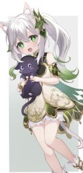 Rule 34 | 1girl, animal ears, ayatsuki hina, bare legs, cat, cat ears, cat girl, cat tail, commentary request, cross-shaped pupils, detached sleeves, dress, genshin impact, gradient hair, green eyes, green hair, hair between eyes, hair ornament, highres, long hair, multicolored hair, nahida (genshin impact), open mouth, pointy ears, ponytail, scaramouche (cat) (genshin impact), scaramouche (genshin impact), side ponytail, symbol-shaped pupils, tail, white dress, white hair