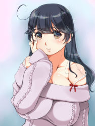 Rule 34 | 1girl, aran sweater, artist name, bare shoulders, black hair, breasts, brown eyes, cable knit, cleavage, collarbone, hair ornament, hairclip, highres, huge breasts, kantai collection, kantori, lips, long hair, looking at viewer, parted lips, signature, solo, sweater, upper body, ushio (kancolle), valentine