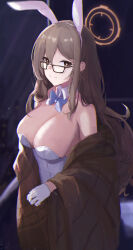 Rule 34 | 1girl, absurdres, akane (blue archive), akane (bunny) (blue archive), animal ears, black-framed eyewear, blue archive, breasts, brown eyes, brown hair, brown jacket, cleavage, collar, detached collar, fake animal ears, glasses, gloves, halo, highres, jacket, jianjia, large breasts, leotard, looking at viewer, official alternate costume, playboy bunny, smile, solo, white collar, white gloves, white leotard, yellow halo