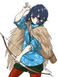 Rule 34 | 10s, arrow (projectile), black hair, bow (weapon), chito04, hair between eyes, hair ornament, highres, jacket, mizuno ai, pantyhose, red eyes, red pantyhose, short hair, shorts, solo, straw cape, weapon, winter clothes, zombie land saga