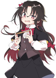 Rule 34 | 1girl, black hair, black skirt, bow, fang, hair between eyes, hair bow, hand fan, ixy, long hair, long sleeves, multicolored hair, open mouth, red bow, red eyes, red hair, ryuuou no oshigoto!, simple background, skirt, solo, two-tone hair, wavy mouth, white background, yashajin ai