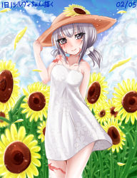 Rule 34 | 1girl, absurdres, alternate hairstyle, arm behind back, bare shoulders, black eyes, black hair, bow, breasts, burn scar, cloud, cloudy sky, contrapposto, cowboy shot, dated, day, dorei to no seikatsu ~teaching feeling~, dress, field, floral print, flower, flower field, grey eyes, grey hair, hair bow, hand on headwear, hat, hat flower, highres, looking at viewer, petals, scar, short twintails, sky, solo, spaghetti strap, standing, sun hat, sundress, sunflower, sunflower field, sylvie (dorei to no seikatsu), thighs, twintails, white dress, yumetutujian