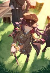 Rule 34 | 1girl, 2boys, :o, absurdres, animal ears, boots, brown eyes, brown footwear, brown hair, brown headwear, brown jacket, commission, dog ears, dog girl, suit jacket, hat, highres, holding, holding sword, holding weapon, inukai purin, jacket, jacket on shoulders, jl tan, long hair, military, military hat, military uniform, multiple boys, necktie, open mouth, short necktie, solo focus, sword, tsunderia, uniform, virtual youtuber, weapon
