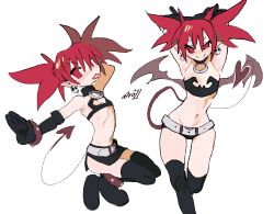 Rule 34 | 1girl, absurdres, armpits, black skirt, black thighhighs, demon girl, demon tail, disgaea, earrings, etna (disgaea), flat chest, highres, jewelry, multiple views, navel, parted lips, pointy ears, red eyes, red hair, skirt, skull earrings, smile, tail, thighhighs, tongue, tongue out, whoopsatro, wings