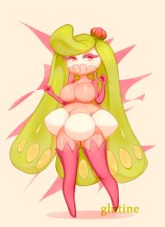 Rule 34 | 1girl, artist name, bare shoulders, blonde hair, blush, breasts, colored skin, creatures (company), eyeshadow, female focus, full body, galutine, game freak, gen 7 pokemon, green hair, half-closed eyes, hands up, highres, jpeg artifacts, large breasts, light blush, long hair, looking to the side, makeup, monster girl, multicolored hair, multicolored skin, nintendo, orange background, pink eyes, pink eyeshadow, plant girl, pokemon, pokemon (creature), purple skin, purple thighhighs, shiny skin, simple background, solo, standing, swept bangs, thighhighs, thighs, tsareena, two-tone hair, two-tone skin, very long hair, watermark, white skin