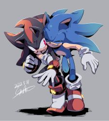 Rule 34 | 2boys, artist name, black fur, blue fur, bracelet, closed eyes, furry, furry male, gareki sh, gauntlets, gloves, grey background, hug, jewelry, looking at another, male focus, multicolored fur, multiple boys, open mouth, pointy nose, red eyes, red fur, shadow the hedgehog, shoes, signature, sonic (series), sonic the hedgehog, spiked hair, teeth, tongue