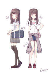 Rule 34 | 1girl, absurdres, bag, black thighhighs, breasts, brown eyes, brown hair, clothes around waist, dual persona, hand on own hip, highres, litsvn, loafers, long hair, looking at viewer, multiple views, original, school bag, school uniform, shoes, small breasts, thighhighs