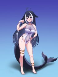Rule 34 | 1girl, absurdres, ahoge, animal ears, ankle strap, arm tattoo, artist name, belt collar, black hair, blue collar, blush, breasts, cetacean tail, chest tattoo, cleavage, collar, commentary, covered navel, english commentary, facial tattoo, fins, fish tail, heart, heart ahoge, highres, indie virtual youtuber, large breasts, leg tattoo, lio wart, long hair, looking at viewer, multicolored hair, navel, one-piece swimsuit, orca girl, purple eyes, see-through, see-through cleavage, shylily, shylily (3rd costume), streaked hair, swimsuit, tail, tattoo, thigh strap, tongue, tongue out, very long hair, virtual youtuber, white hair, white one-piece swimsuit