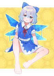 Rule 34 | 1girl, akagashi hagane, barefoot, blue bow, blue eyes, blue hair, blue skirt, blue vest, blush, bow, cirno, commentary request, full body, hair between eyes, hair bow, ice, ice wings, looking at viewer, miniskirt, neck ribbon, parted lips, puffy short sleeves, puffy sleeves, red ribbon, ribbon, shirt, short hair, short sleeves, sitting, skirt, solo, touhou, two-tone background, vest, white background, white shirt, wings, yellow background