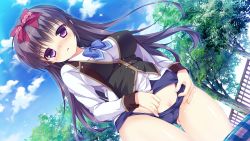 Rule 34 | 1girl, black hair, blue one-piece swimsuit, blush, bow, bowtie, breasts, buttons, cameltoe, cleft of venus, clothes pull, cloud, cowboy shot, day, dutch angle, embarrassed, fall in love x 4 tune, female focus, fence, frills, game cg, groin, hair bow, highres, large breasts, long hair, long sleeves, looking at viewer, maihama kotone, mikeou, no pants, nose blush, official art, one-piece swimsuit, one-piece swimsuit pull, outdoors, parted lips, pulled by self, purple eyes, pussy, pussy peek, ribbon, school swimsuit, school swimsuit flap, school uniform, shirt, sky, sleeve cuffs, solo, sparkle, swimsuit, swimsuit under clothes, thigh gap, thighs, tree, undressing, very long hair, vest