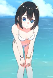 Rule 34 | 1girl, :o, bangle, bare legs, bare shoulders, bikini, black hair, blue eyes, blue sky, bracelet, breasts, cloud, cloudy sky, collarbone, commentary request, day, downblouse, feet out of frame, hair between eyes, hands on own thighs, highres, horizon, jewelry, leaning forward, looking at viewer, navel, ocean, original, outdoors, parted lips, side-tie bikini bottom, sky, small breasts, solo, standing, suzunari shizuku, swimsuit, water, white bikini, yuki arare