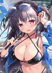 Rule 34 | 1girl, bikini, bikini top only, black bikini, black hair, blush, breasts, confetti, day, hair ornament, highres, holding, holding umbrella, jacket, large breasts, long hair, looking at viewer, mikeou, navel, open clothes, open jacket, open mouth, original, red eyes, smile, solo, sunglasses, swimsuit, umbrella