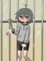 Rule 34 | 1girl, ahoge, bars, between legs, bike shorts, blush, bound, bound wrists, brown eyes, closed mouth, collarbone, cuffs, embarrassed, female focus, flat chest, gradient background, green background, green hair, grey shirt, hair between eyes, hand between legs, hand up, handcuffs, have to pee, highres, japanese text, long sleeves, looking at viewer, nose blush, original, pee, peeing, peeing self, shirt, short hair, sidelocks, solo, standing, sweat, tawasiupa, translation request, wet, wet clothes