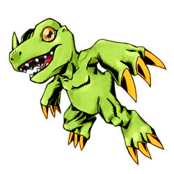 Rule 34 | agumon, colored skin, digimon, digimon (creature), digimon world re:digitize, green skin, jumping, open mouth, orange eyes, sharp teeth, simple background, solo, teeth, white background