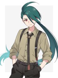 Rule 34 | 1girl, ahoge, androgynous, black gloves, black necktie, black pants, brown shirt, closed mouth, collared shirt, creatures (company), earrings, game freak, gloves, green hair, hands in pockets, jewelry, knokzm, long hair, necktie, nintendo, pants, pokemon, pokemon sv, ponytail, red eyes, rika (pokemon), shirt, smile, solo, suspenders, very long hair