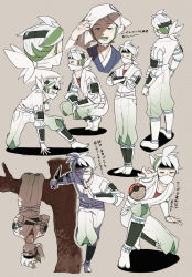 Rule 34 | 1boy, armor, batabiru, beni (pokemon), closed eyes, commentary request, creatures (company), crossed arms, facial hair, game freak, green hair, half-closed eyes, hand up, headband, highres, holding, holding weapon, kunai, leg up, looking at viewer, male focus, multicolored hair, multiple views, nintendo, pants, poke ball, poke ball (legends), pokemon, pokemon legends: arceus, standing, translation request, tree, two-tone hair, upside-down, weapon, white hair
