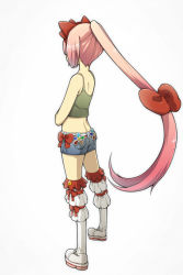 Rule 34 | 1girl, boots, bow, camisole, from behind, full body, hair bow, hello kitty, hello kitty to issho!, knee boots, lama (kusuriya), long hair, nekomura iroha, pink hair, ponytail, sanrio, shorts, simple background, solo, standing, very long hair, vocaloid